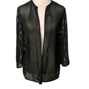 L'AGENCE Women’s One Size Black Perforated Mesh Lamb Skin Trim Open-Front Blazer